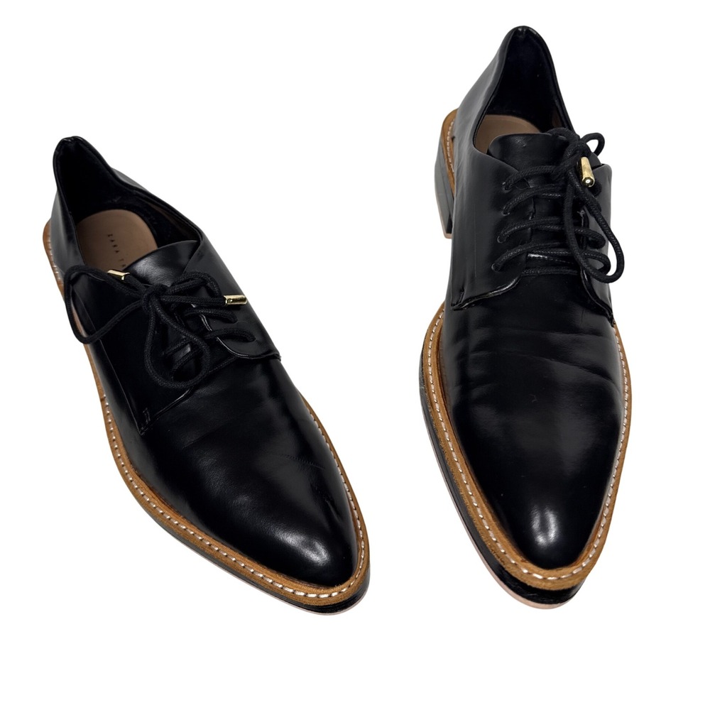Zara Oxfords Women 38 Black Leather Lace Up Pointed Toe Contrast Stitch Flat